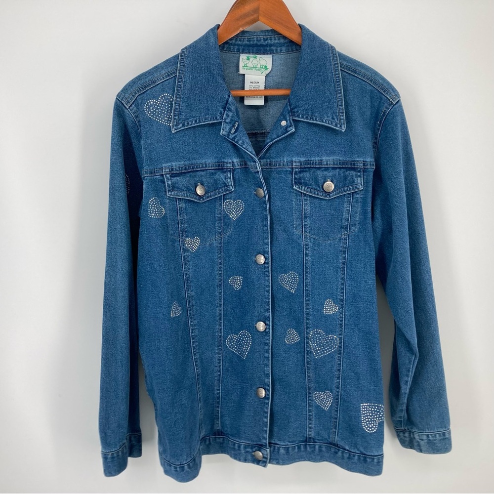 Quacker Factory Women's Medium Denim Jean Jacket Jeweled Hearts Stretch Sparkles